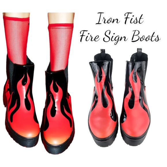 Iron Fist Fire Flame Red and Black Grunge Harajuku Boots Size 5 - Picture 1 of 16